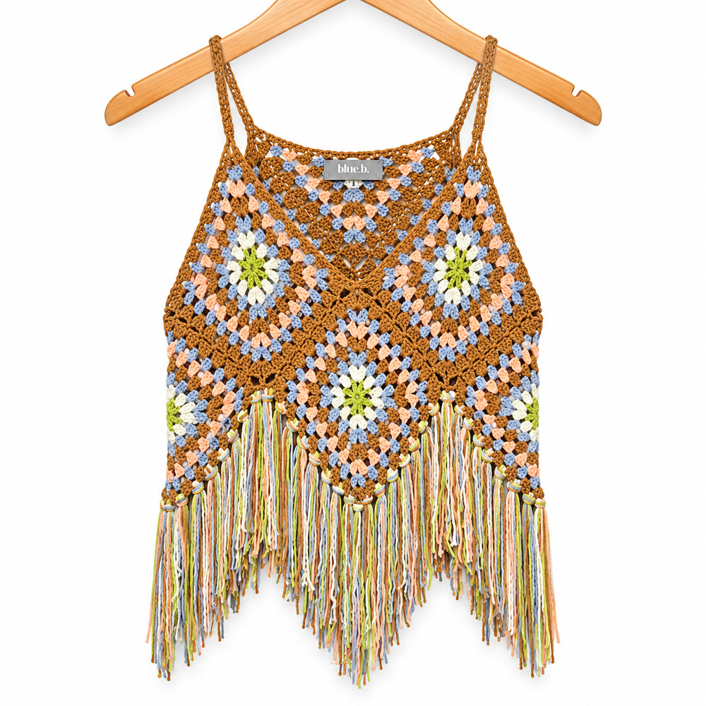 Boho Hippie Festival Crochet Top Fringe Size Small Womens Multicolor Sleeveless